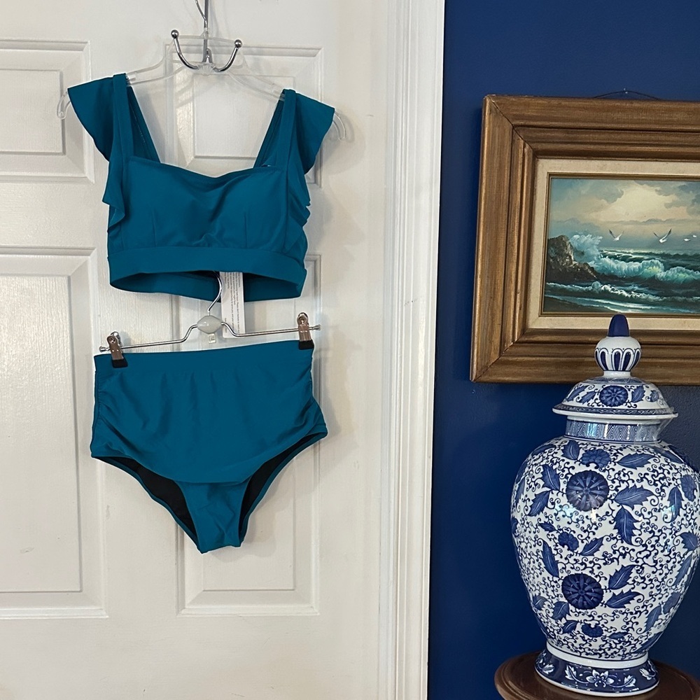 NWT Women’s Teal Kate Kasin High Waisted Tummy Control Full Coverage Bikini - Picture 2 of 8